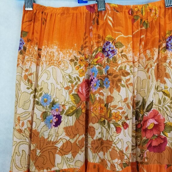 Forbidden Maxi Broom Skirt Womens L Floral Crochet Beads Tiered Orange Pink Boho - Picture 3 of 11